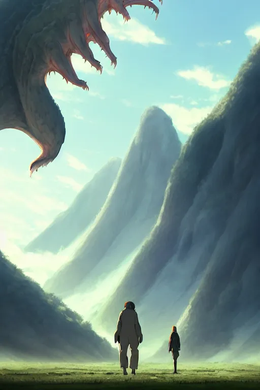 Prompt: a large humanoid kaiju creature alien monster bug creature, smooth translucent white skin, large mouth long fangs, walking above the clouds and fog, movie poster, tall mountains in the far distance, by makoto shinkai an krenz cushart