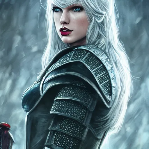 Prompt: an epic portrait of taylor swift as a witcher, witcher design, beautiful face, detailed face, white hair, epic fantasy art, trending on artstation, deviantart, high detail, high definiton, ultra realistic, high quality, ultra quality, hyper realistic, 4 k uhd,