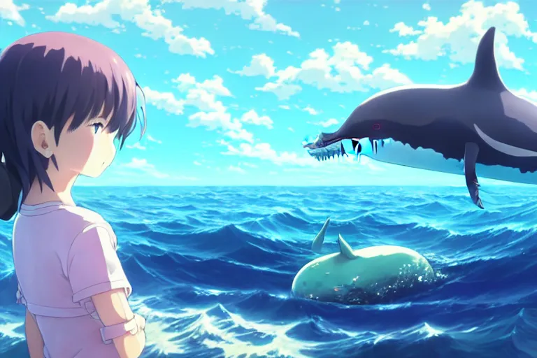 Prompt: a panorama distant view under the water, anime art full body portrait character concept art, hyper detailed cg rendering of a cute girl and whale, anime key visual of children of the sea, finely detailed perfect face, style of raphael lacoste, makoto shinkai, violet evergarden, studio ghibli, james jean, hayao miyazaki, extremely high quality artwork