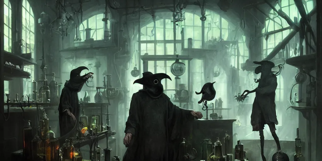 Prompt: a plague doctor and a humanoid rat in a laboratory with lots of flasks filled with magic liquids and green fog, stephen bliss, unreal engine, fantasy art by greg rutkowski, loish, rhads, ferdinand knab, ilya kuvshinov, rossdraws, tom bagshaw, global illumination, radiant soft light, detailed and intricate environment