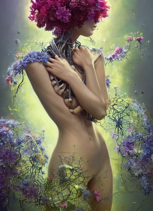 Prompt: a beautiful fine art portrait photo of a robot female cyborg, spread out curly hair covered by hibiscus, daffodils, hydrangea, montsera leaves by tom bagshaw and zach sutton, very detailed, bionic, cybernetic scifi, artstation, 8 k, holographic undertones, highly saturated colors