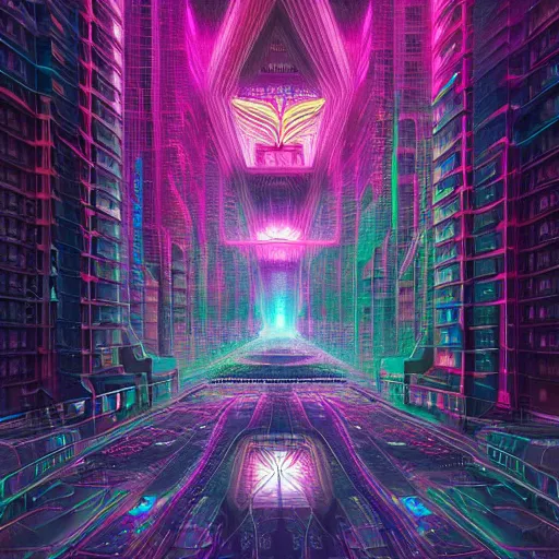 Image similar to matte painting of the sacred geometry of cyberpunk, brilliant colors, extremely detailed, very very detailed, in the style of alena aenami by Alex grey, HD, 4k, 8k