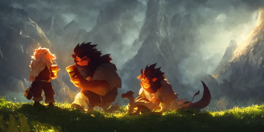 Image similar to a dwarf and his pet dragon drinking a beer together | gapmoe kuudere moody lighting stunning bokeh highlights sharp contrast | trending pixiv fanbox | by greg rutkowski makoto shinkai takashi takeuchi studio ghibli