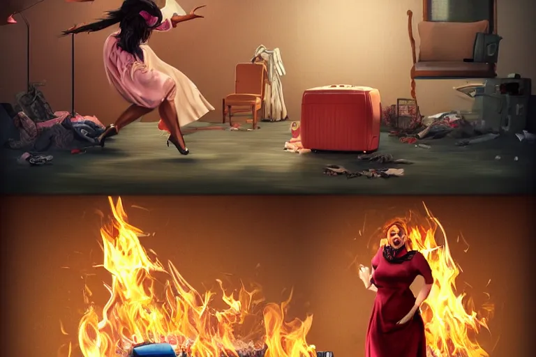 Prompt: a crazy opera singer hurries up to pack daughter's things in suitcase, surrounded with fire, clothes are flying around in room, digital art, trending on artstation, very very realistic