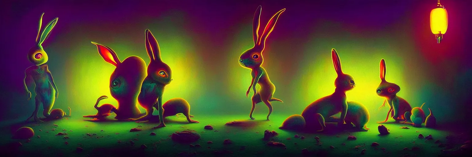 Image similar to strange alien bunny creatures from the depths of the collective unconscious, dramatic lighting, surreal darkly colorful painting by ronny khalil