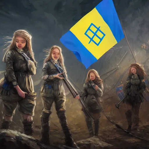 Image similar to ukrainian girls with ukrainian flag near big ruined warship, happy, concept art, trending on artstation, highly detailed, intricate, sharp focus, digital art, 8 k