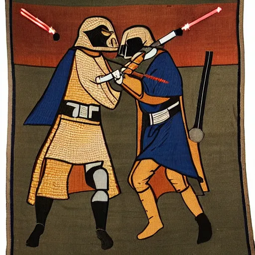 Prompt: Medieval tapestry depicting Ben Kenobi and Darth Vader fighting a lightsabe duel