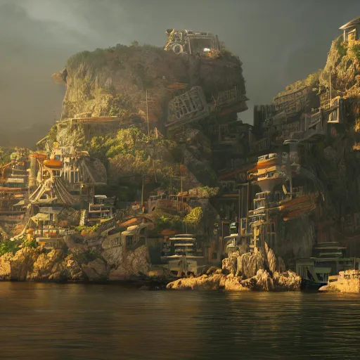 Image similar to a solarpunk city on a small rocky island in the middle of a violent sea, beautiful dynamic lighting, cinematic, wide angle establishing shot, extremely high detail, photo realistic, cinematic lighting, post processed, concept art, artstation, matte painting, style by eddie mendoza, raphael lacoste, alex ross, volumetric lighting, light rays, photorealistic, ultrarealistic, moody, coronarender, 8k