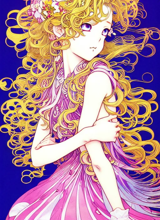 Prompt: exquisite imaginative manga poster of a fairy princess, long wavy hair, rococo ruffles dress, shimmering, by shigenori soejima, minaba hideo, katsuhiro otomo, alphonse mucha, jump comics, illustration, artstation, highly detailed, 8 k, fluorescent, fluorescent, maximalist