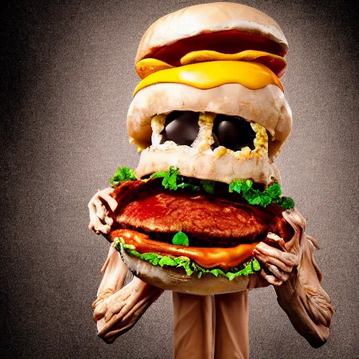 Image similar to a humanoid bipedal upright zombie that strongly resembles a hamburger, professional food photography