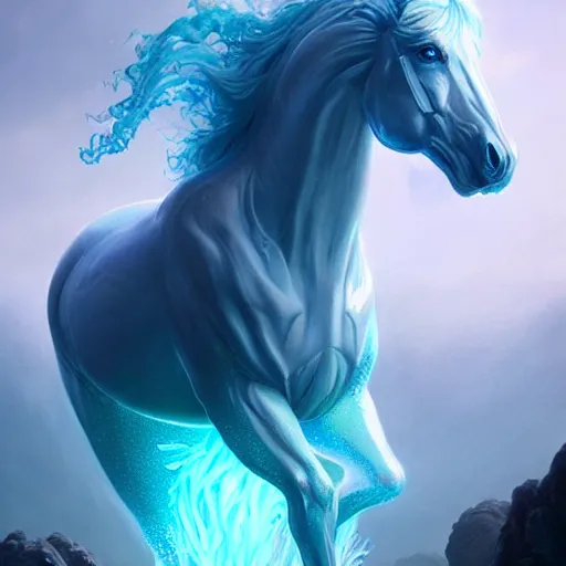 Image similar to a fantastical translucent creature made of water and foam with the shape of a horse, ethereal, hyperalism, scottish folklore, digital painting, artstation, concept art, smooth, 8 k frostbite 3 engine, ultra detailed, art by artgerm and greg rutkowski and magali villeneuve