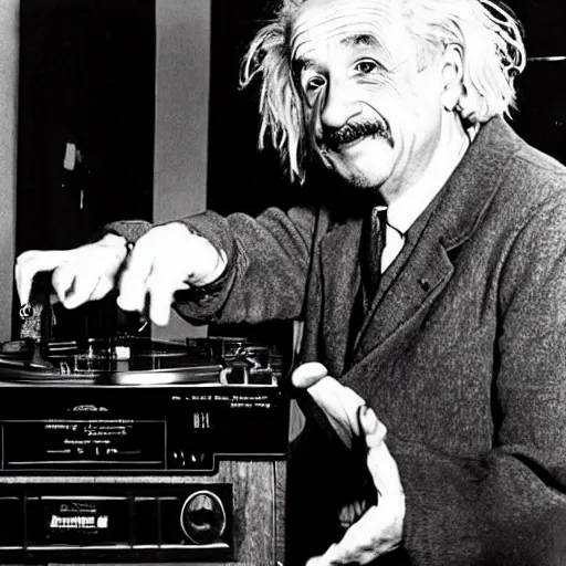 Image similar to photo of Albert Einstein DJing a record player at a nightclub, vintage, highly detailed facial features, at a nightclub