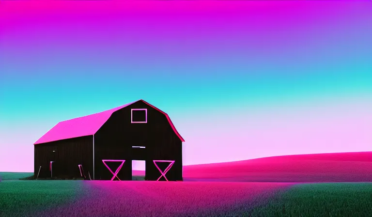 Image similar to a beautiful, sharp focus, and immaculate barn on the palouse. vaporwave ombre rendering. outrun style. trending on artstation. recommended for you behance. by chris moore. beeple colors. ambient occlusion. digital matte painting. metropolis filmic. gotham city. overcast.