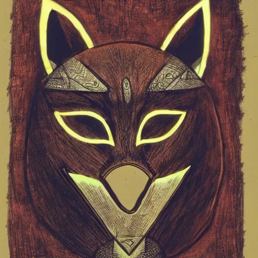 Image similar to Vulpine God of Trickery; An enormous fox with ancient glowing runes on its body and wearing a mask of wood resembling a fox's face