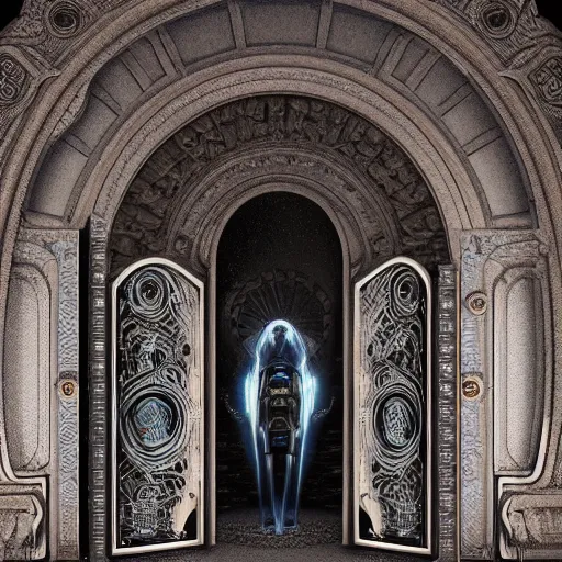 Prompt: an intricate and detailled render of the last gatekeeper, standing in front of the door of time glowing from it's magic plasma, by tivadar csontvary kosztka,, trending on art station, + soft illumination, intricate detail, highly detailed, atmospheric, hades, rendered in octane, slav epic