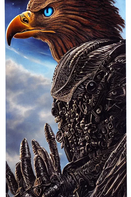 Image similar to sideview waist up portrait of eagle wear baphomet armor made with porcelain by jeff easley and peter elson, beautiful eyes and face, symmetry face, galaxy, gothic, surreal, dread, highly detailed, intricate complexity, epic composition, magical atmosphere, masterpiece, award winning, trending on artstation