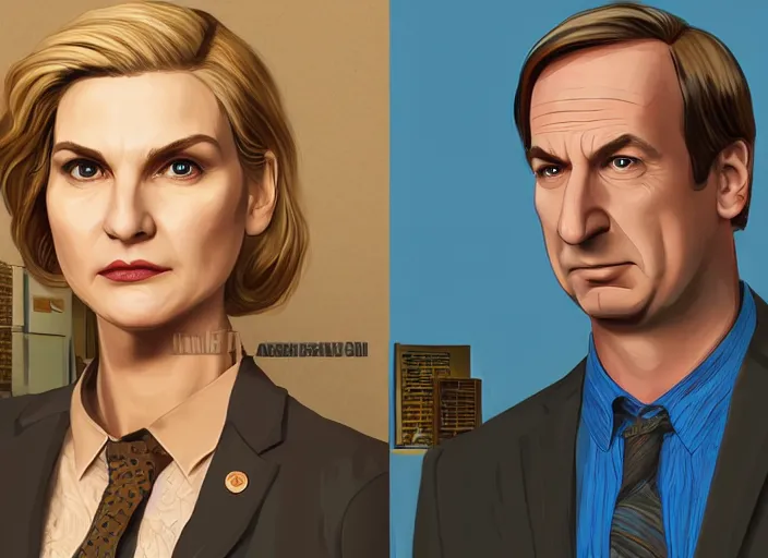 Image similar to kim wexler and saul goodman, ilustration by wanda gag, extremely detailed artstation, for aaa game, high quality, adobe ilustrator, behance