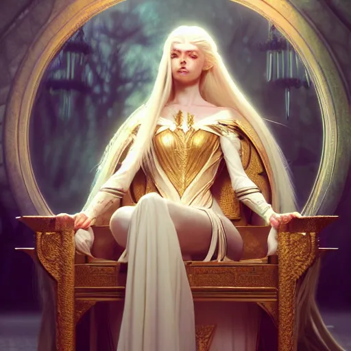 Prompt: tall elven queen sitting on the throne, full body, long white hair, pale skin, golden coloured eyes, stunning 3 d render inspired art by greg rutkowski and xiang duan and thomas eakes, realistic, highly detailed attributes and atmosphere, dim volumetric cinematic lighting, 8 k octane detailed render, post - processing, masterpiece,