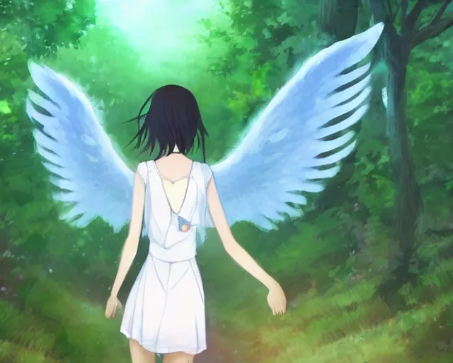 Image similar to a girl with two wings on her back in a forest. She has TWO wings on her back!!! Angel! Two blue wings!!By Makoto Shinkai, trending on ArtStation, digital art.