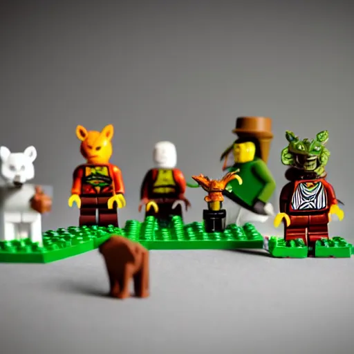 Image similar to lego mini build of forest creatures that live in the imagination forest, product photography, depth of field, cute looking, sharp focus, moebius, character sheet, game concept art