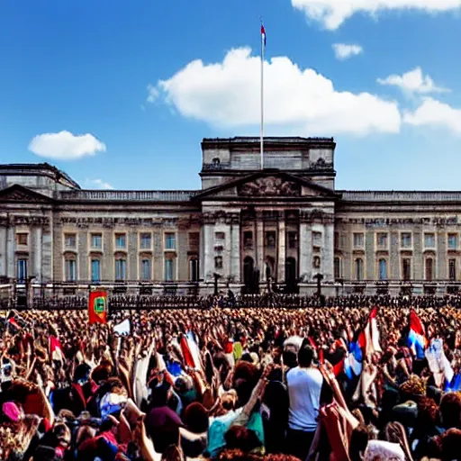 Image similar to a picture of buckingham palace very very accurate with a gigantic crowd of protestors on the street, the sky is blue and everyone is holding russian signs wide shot hyperrealistic photography 7 0 mm