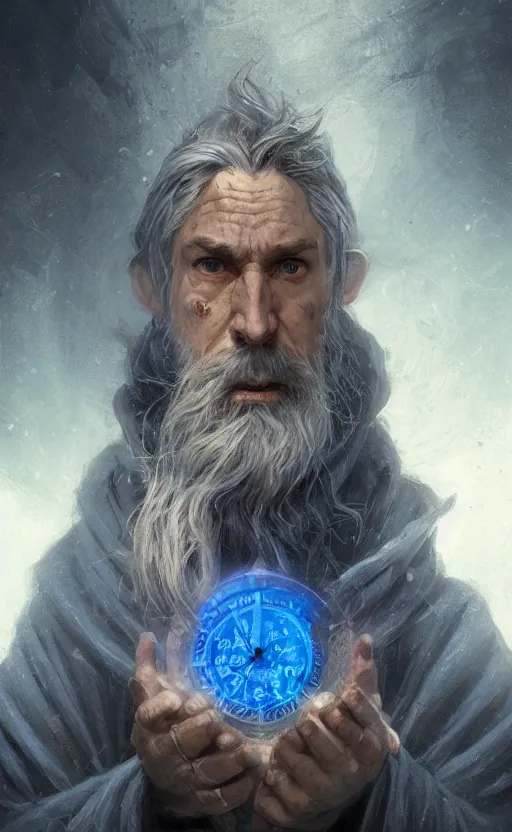 Image similar to portrait of a middle - aged elf with a long beard, dressed in a blue cloak, brown - grey hair, raised hand, clock iconography, detailed face, fantasy, highly detailed, cinematic lighting, digital art painting by greg rutkowski