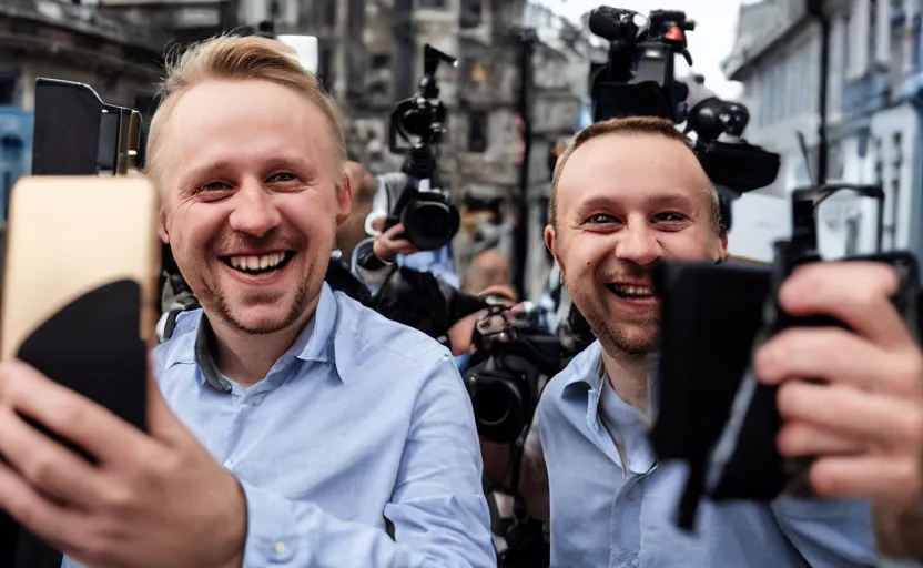 Prompt: frankestein boris karlof smiling taking a selfie, breaking news footage, action, motion, photojournalism