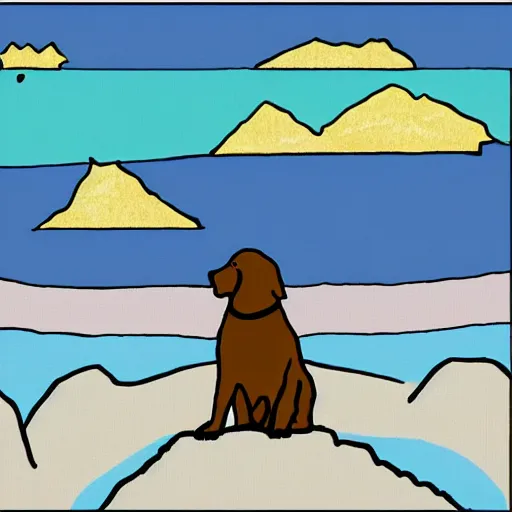 Image similar to a golden retriever standing on top of a mountain, microsoft paint art, unprofessional, mediocre