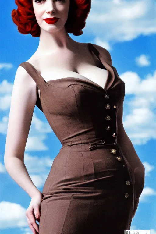 Prompt: full body portrait of christina hendricks in the style of bill medcalf, mario testino, blue sky with a few clouds, retro, 1 9 5 0, 4 k, detailed, 1 / 3 headroom, cinematic rule of thirds