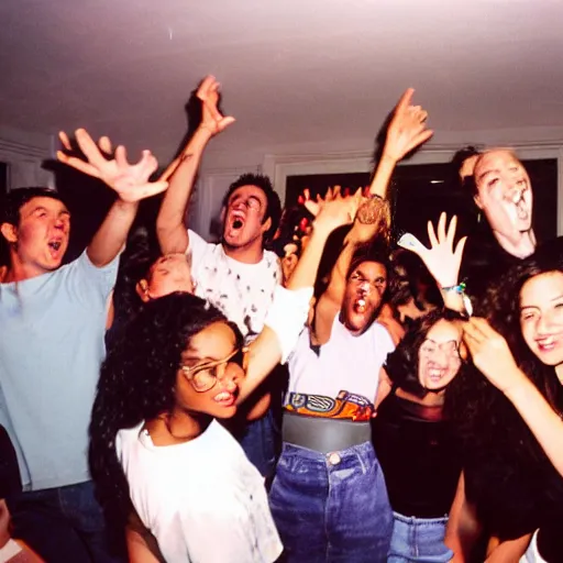 Image similar to photo of a bunch of people partying at a small house party. They are listening to snoop Dogg in the early 90's