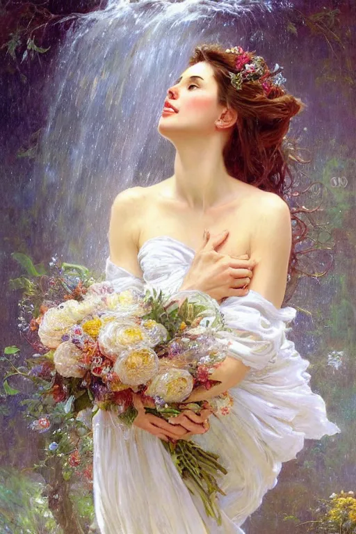 Image similar to portrait of a beautiful woman wearing a white dress, holding a bouquet of flowing flowers, drenched body, wet dripping hair, emerging from the water, fantasy, regal, fractal crystal, fractal gems, by stanley artgerm lau, thomas kindkade, alphonse mucha, loish, norman rockwell
