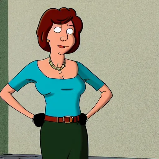 Image similar to A still of Lois Griffin from Family Guy in NCIS, turquoise blouse, tan pants