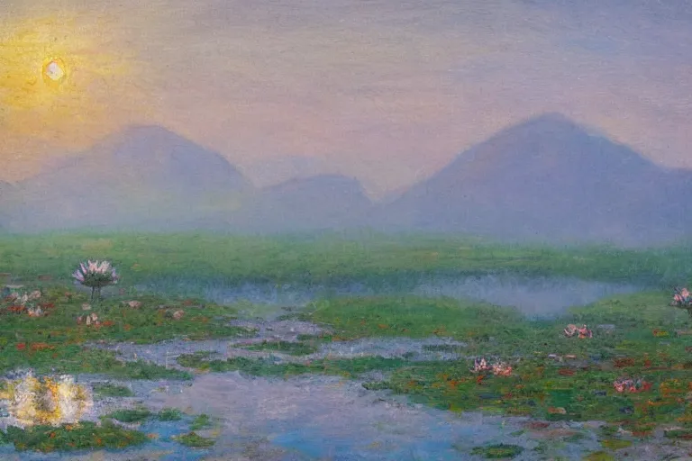 Image similar to impressionism painting of a pond of water lily on a foggy morning, sun low on horizon through snow capped mountains, soft light, misty