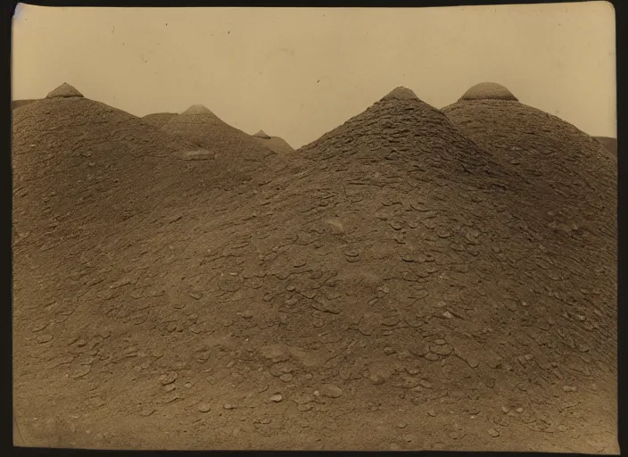 Image similar to Photograph of a small hexagonal dirt tumulus in a lush desert, with a wooden door, albumen silver print, Smithsonian American Art Museum