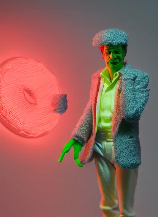 Image similar to product photography of a claymation action figure fluffy neon oled steve buscemi, depth of field, zeiss lens, detailed, centered, by erwin olaf, joop geesink, wes anderson, breathtaking, 8 k resolution, extremely detailed, beautiful, establishing shot, realistic materials, hyperrealistic