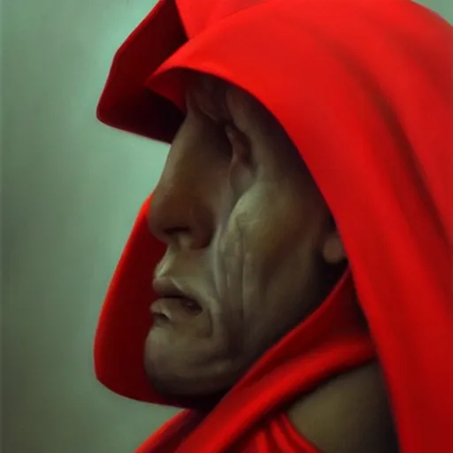 Prompt: the red hooded monk, side profile, trending on artstation, 8 k, by gerard brom and zdzisław beksinski