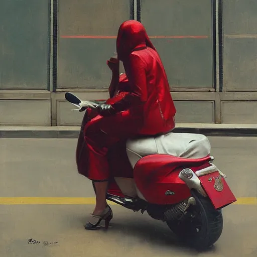 Prompt: the redhead vespa queen in hong kong, oil on canvas by ruan jia