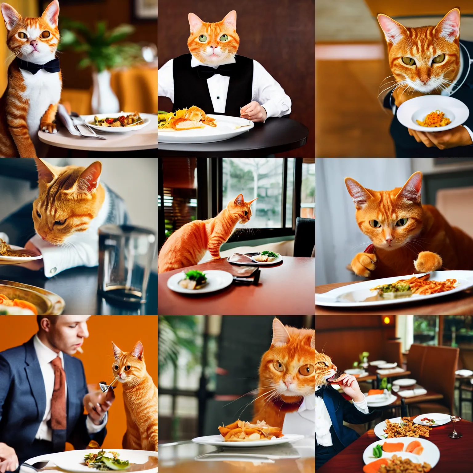 Prompt: orange tabby cat in a suit eating a meal in fancy restaurant