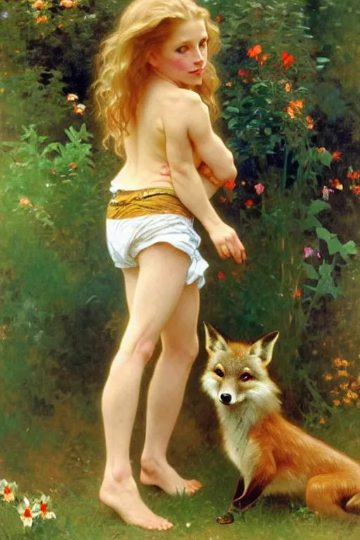 Image similar to a seven - year old with long curly dirty blonde hair, blue eyes, tan skin a tee shirt and shorts, playing with foxes, painting by daniel gerhartz, alphonse mucha, bouguereau, detailed art, artstation