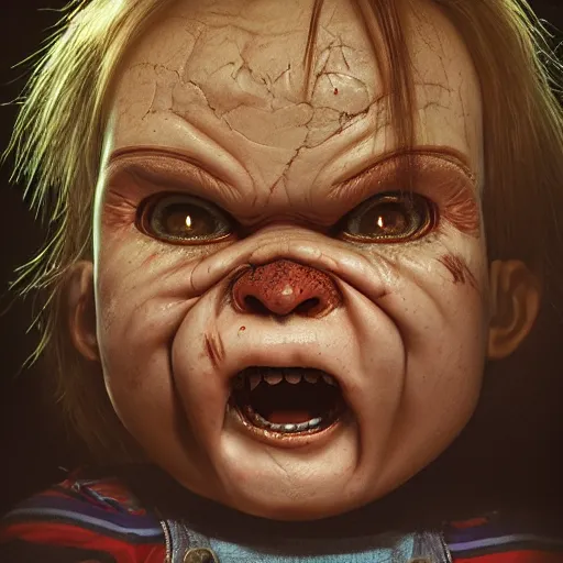 Image similar to portrait of chucky, intricate artwork, concept art, octane render, deviantart, cinematic, key art, hyperrealism, iridescent accents, portrait photograph, nikon 3 5 mm, photograph by greg rutkowski