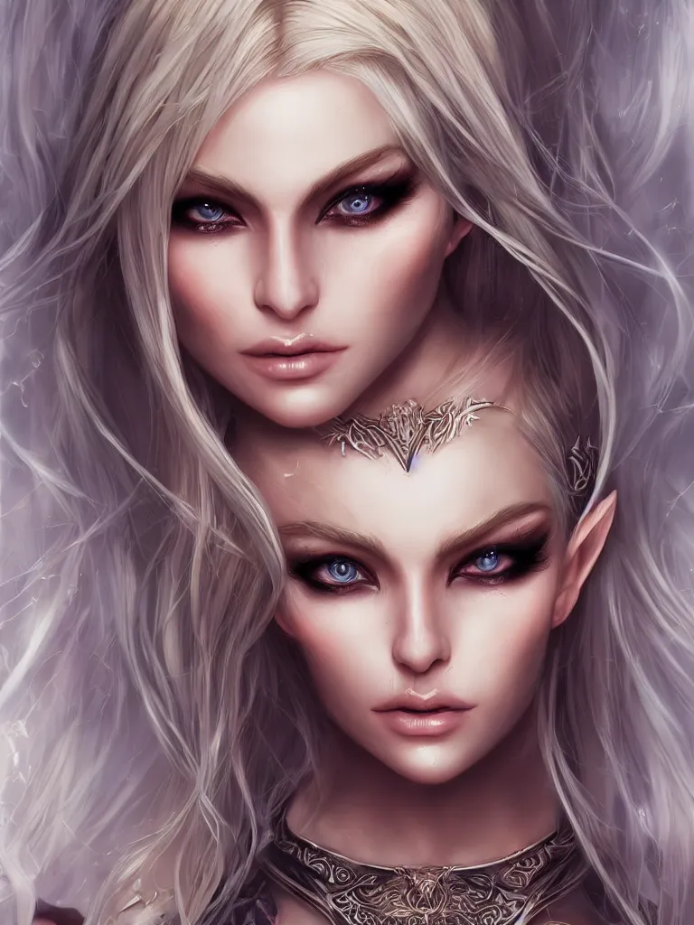 Image similar to beautiful elven necromancer, blonde hair, balayage, dark fantasy, symmetrical face two identical symmetrical eyes, feminine figure, smooth skin, gorgeous, pretty face, beautiful body, revealing outfit, high detail, realistic, cgsociety, artgerm, trending on artstation