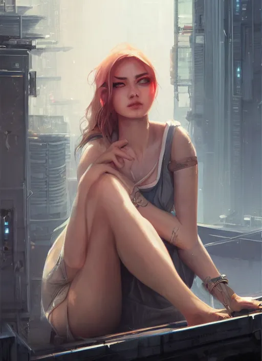 Image similar to girl sitting on a rooftop, cyberpunk, medium shot, realistic detailed face, by charlie bowater, by wlop, by jeremy lipking, expressive oil painting, portrait, digital art