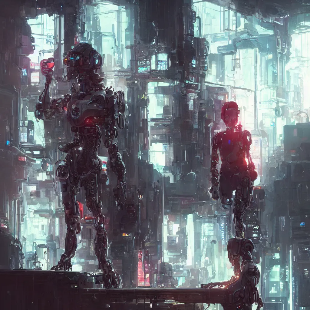 Prompt: a close-up shot of a cyborg in a store contemplating which brand of water to buy while shopping, digital painting, illustration, high quality, futuristic art style, cyberpunk, style by jordan grimmer and greg rutkowski