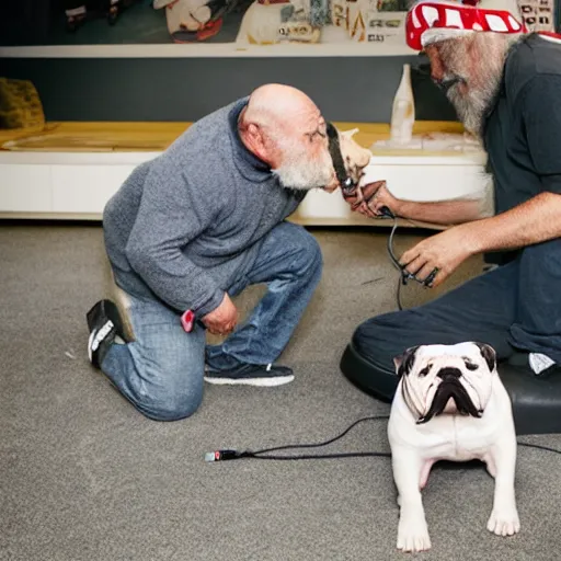 Image similar to Buddy the graying middle aged homeless man fighting with a crowned royalty english bulldog over an xbox controller, photo by Wes Anderson