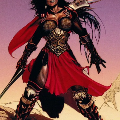 Image similar to a muscular bronze - skinned black - haired woman warrior wearing xena armor and a red cape, on a hostile planet, highly detailed, ron cobb, moebius, heavy metal magazine, mike mignola, trending on art station, illustration, comic book