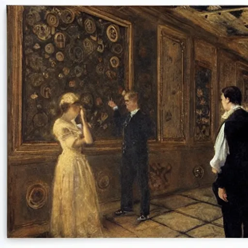 Image similar to gentleman and woman studying a wall full of occult symbols by alfred stevens