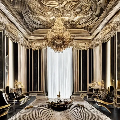 Prompt: living space designed by Zaha Hadid with baroque elements. Ultra futuristic design that combines ornate baroque with clean organic minimalist forms.. Beautiful space with epic details