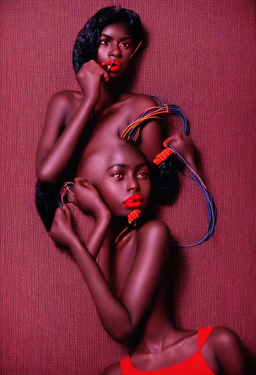 Prompt: medium shot, photograph of alluring dark skin young woman looking into camera, red lipstick, hundreds of cables and wires tightly wrapped around face and body, sharp focus,, chromatic abberations, as fashion editorial 90s, kodak ektachrome