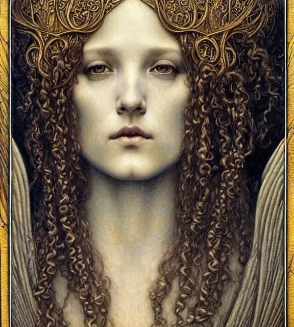 Image similar to detailed realistic beautiful young medieval queen face portrait by jean delville, gustave dore and marco mazzoni, art nouveau, symbolist, visionary, gothic, pre - raphaelite. horizontal symmetry