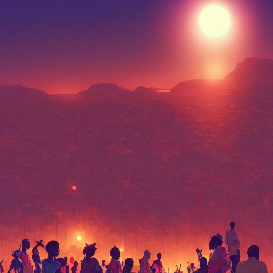 Image similar to a comic book style illustration of an african festival by moebius and makoto shinkai and rossdraws, ornate, lights, cosmic, featured on artstation, pixiv, volumetric lighting, 8 k, highly detailed render, octane render, unreal engine, soft glow, crisp lines, f 1 1, sharp focus,